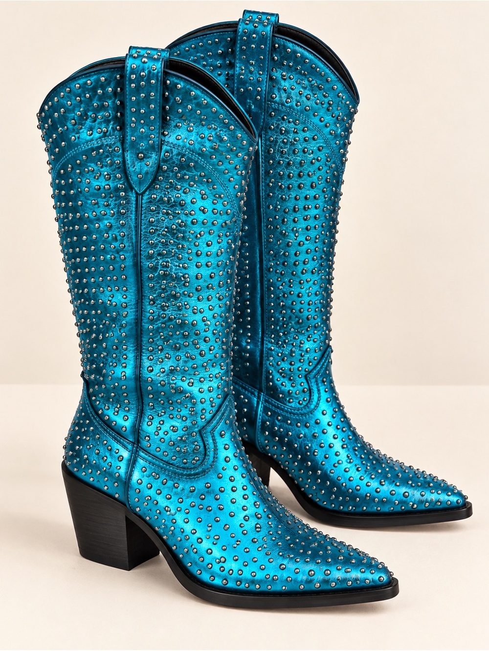 Jeffrey Campbell Free People Metallic Blue Studded Western Boots 7.5 NIB